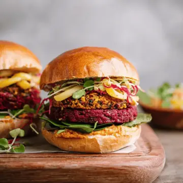 Beet Chickpea Burgers with Harissa Spread (Vegan)