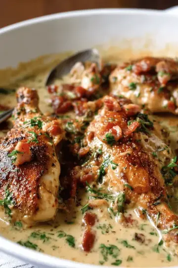 Creamy Chicken in White Wine Sauce (with Bacon!)