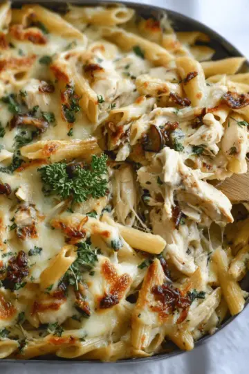 Creamy French onion chicken pasta bake