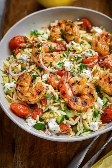 Greek Style Grilled Shrimp Orzo Pasta Salad