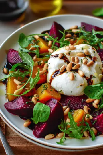 Beet and Burrata Salad with Pine Nuts and Balsamic Dressing