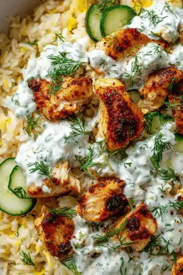 Dump-and-Bake Chicken Tzatziki with Rice: A One-Dish Mediterranean Marvel