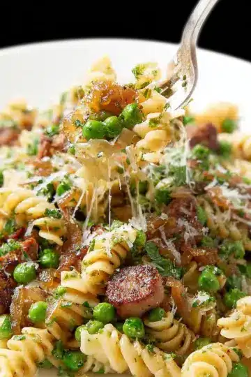 Sausage Pesto Pasta with Caramelized Onions and Peas