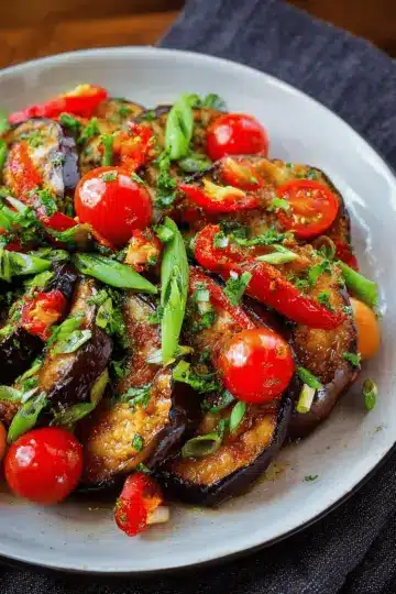 Fried Eggplant (Served with Fresh Peppers & Cherry Tomatoes)