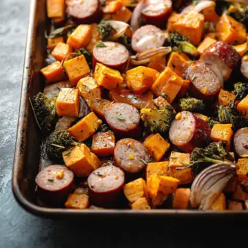 Sheet Pan Sausage and Sweet Potatoes with Honey Garlic Sauce