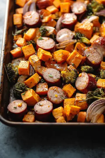 Sheet Pan Sausage and Sweet Potatoes with Honey Garlic Sauce