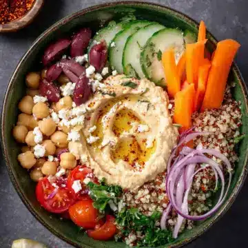Mediterranean Bowl with Quinoa, Hummus, and Harissa
