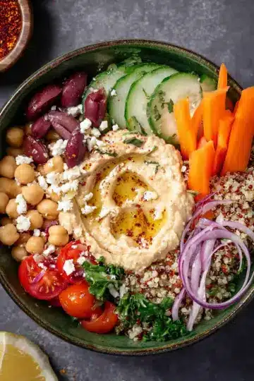 Mediterranean Bowl with Quinoa, Hummus, and Harissa