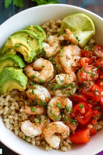 Shrimp Avocado Brown Rice Bowl
