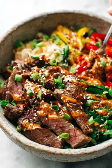 Korean BBQ Steak Bowls with Spicy Sesame Dressing