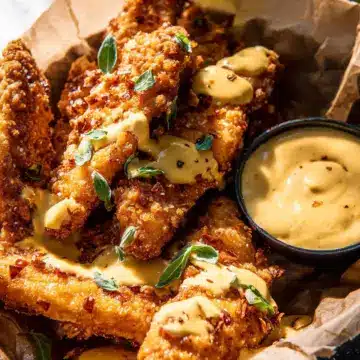 Pretzel Chicken Fingers with Spicy Honey Mustard Sauce.