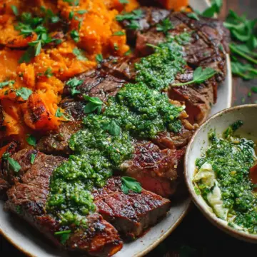 Steak with Green Sauce and Sweet Potatoes