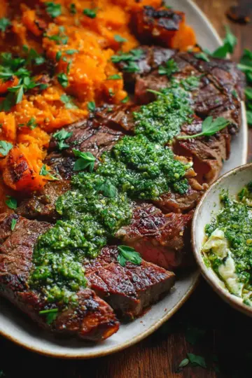 Steak with Green Sauce and Sweet Potatoes