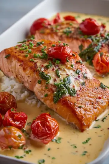 Creamy Tuscan Salmon With Burst Tomatoes