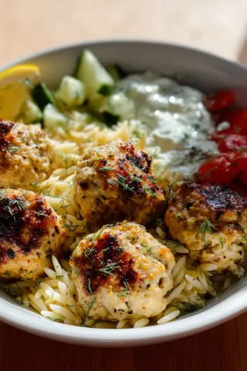 Greek Chicken Meatballs with Lemon Orzo