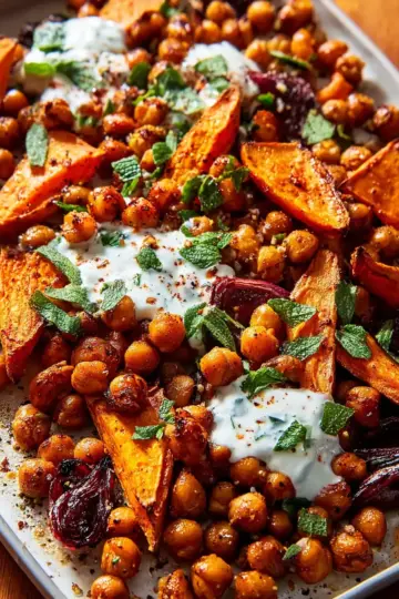 Sheet-Pan Spiced Chickpeas & Sweet Potatoes with Herby Yogurt