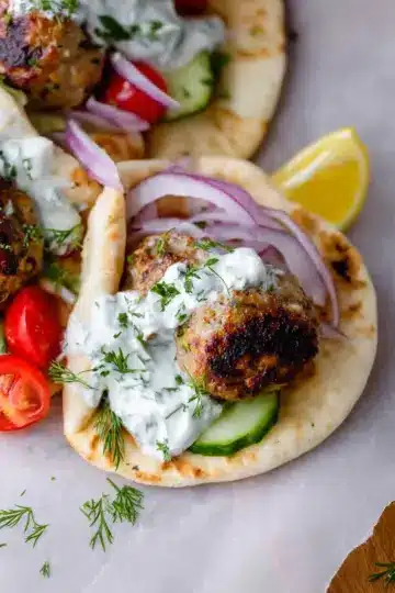 Greek Turkey Meatball Gyro with Tzatziki