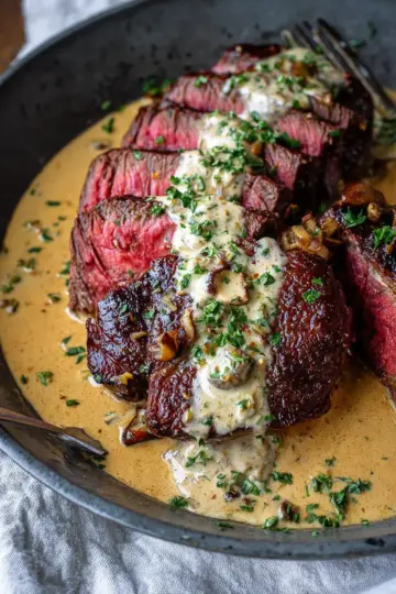 Cast Iron Bavette Steak with Whiskey Garlic Cream Sauce