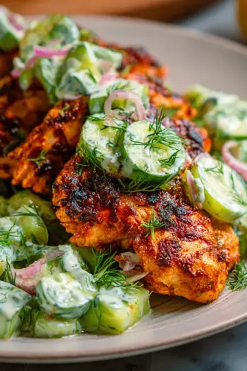 Spicy Mediterranean Chicken with Creamy Cucumber Salad