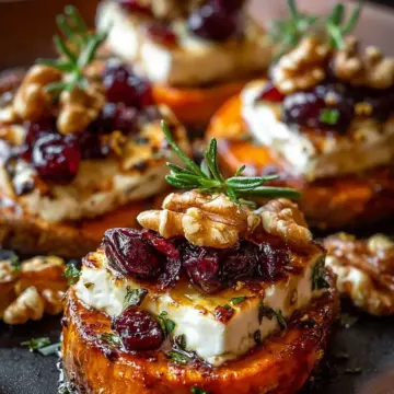 Sweet Potato Rounds with Brie and Hot Honey Cranberry Walnuts