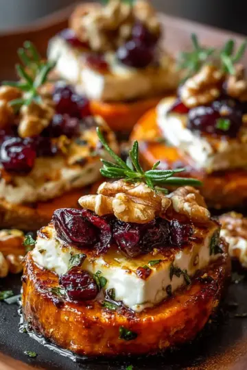 Sweet Potato Rounds with Brie and Hot Honey Cranberry Walnuts