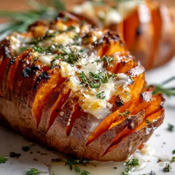 Blooming Sweet Potato with Garlic and Brie Recipe
