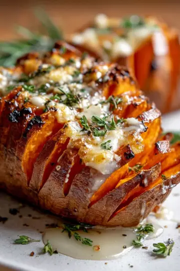 Blooming Sweet Potato with Garlic and Brie Recipe