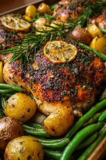 Juicy Herb Roasted Chicken with Potatoes and Green Beans