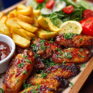 Sticky Chicken Wings with Crispy Fries and Salad