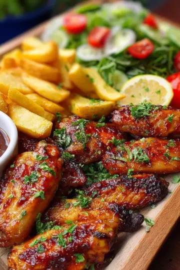 Sticky Chicken Wings with Crispy Fries and Salad