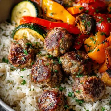 Savory Meatballs with Rice and Roasted Vegetables Recipe